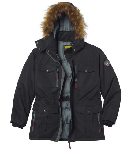 Men's Black Parka with Faux-Fur Hood