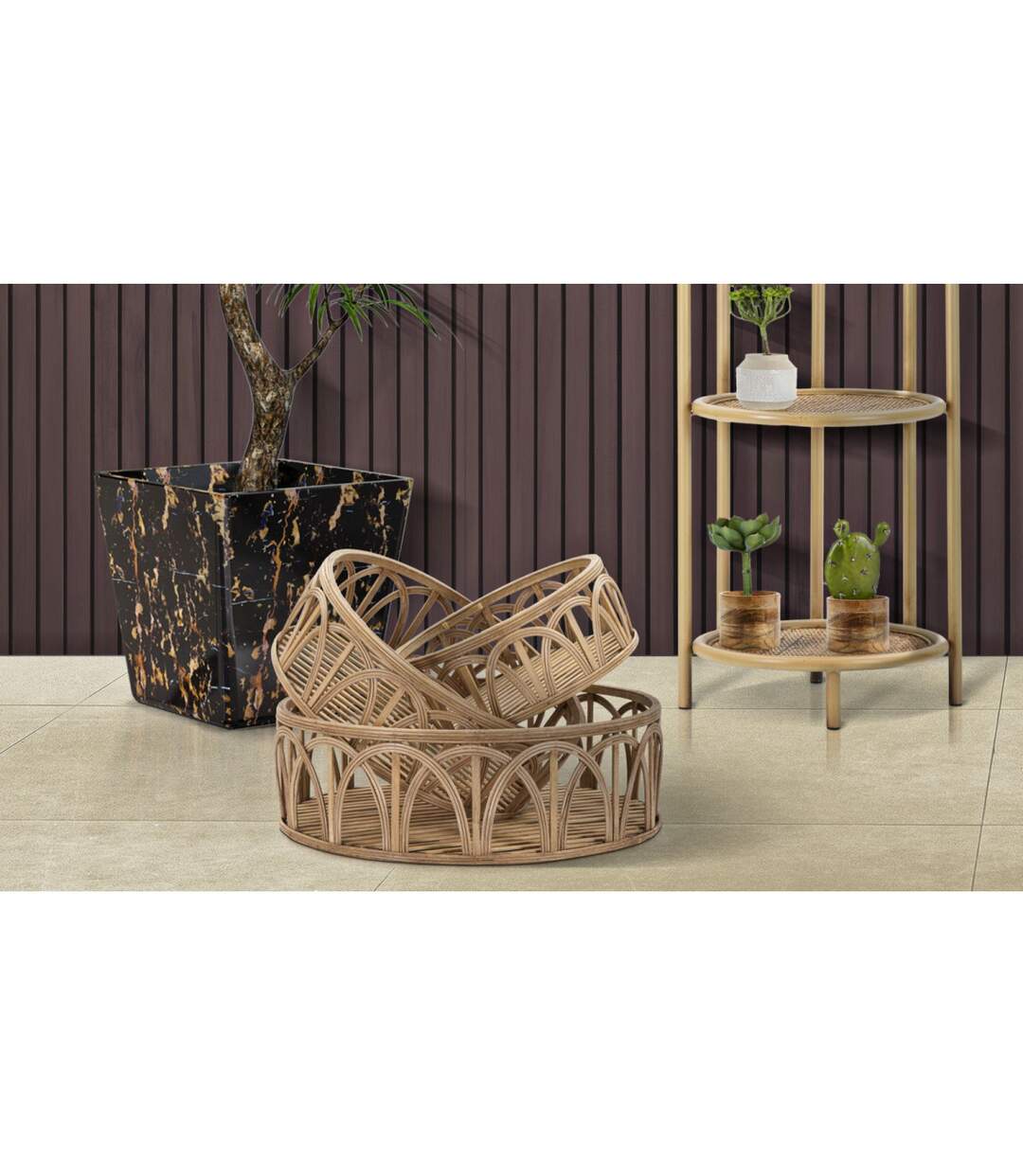 Lot de 3 Plateaux Décoratifs en Rotin Fuji 50cm Naturel-5