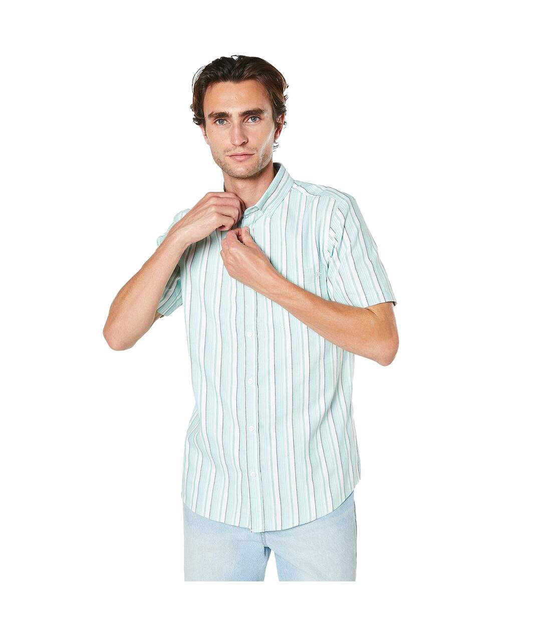 Mens stripe oxford short-sleeved shirt green Maine