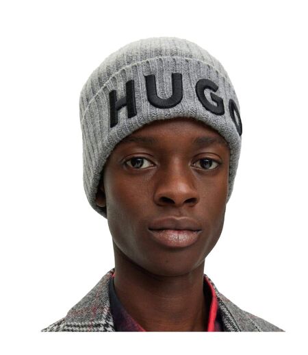Embroidered Logo Wool Winter Beanie Silver Hugo