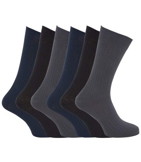 Mens 100% Cotton Ribbed Classic Socks (Pack Of 6) (Black/Grey/Navy) - UTMB144