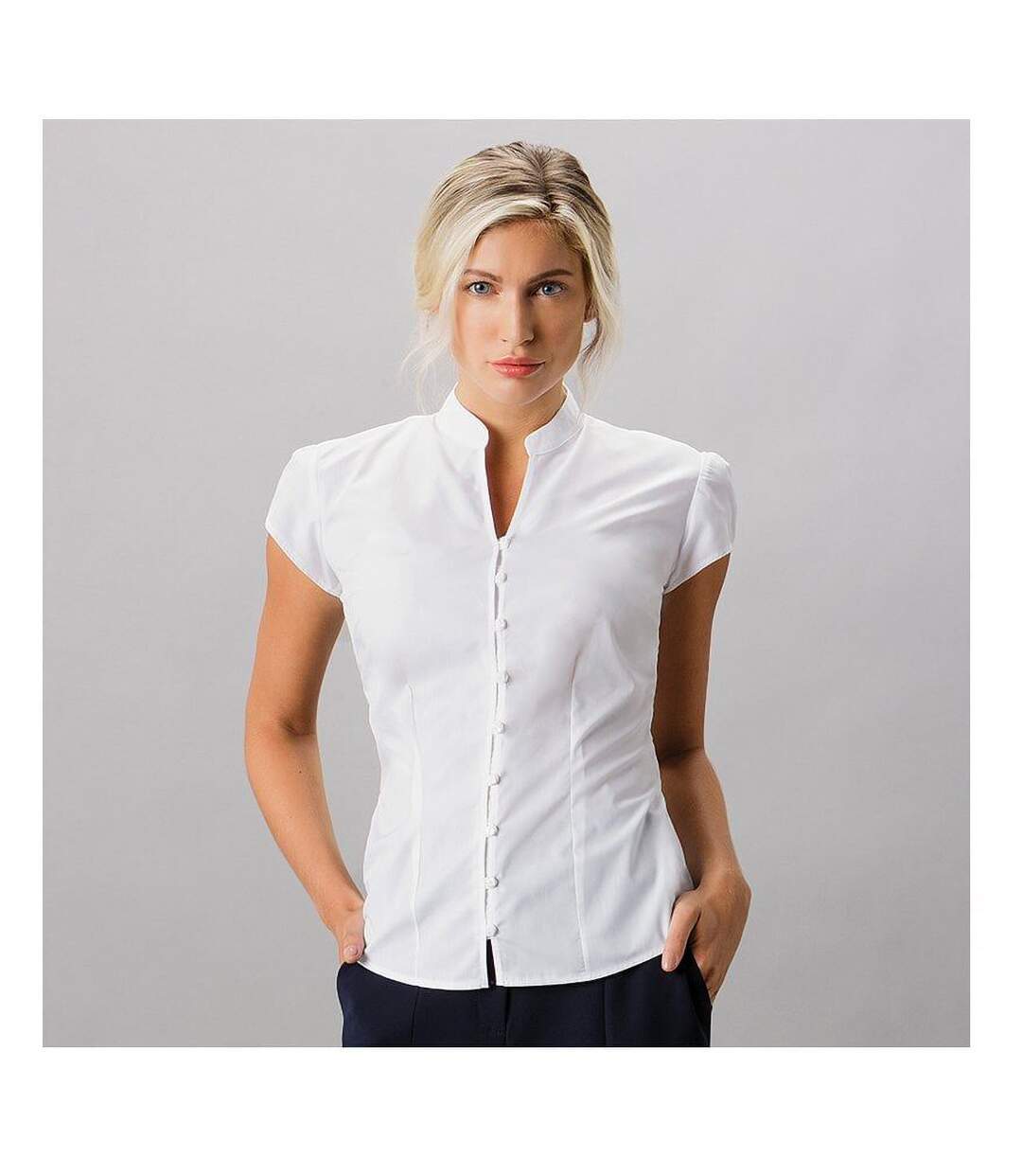Kustom Kit Ladies Continental Blouse Mandarin Collar Cap Sleeve (White) - UTBC631-2