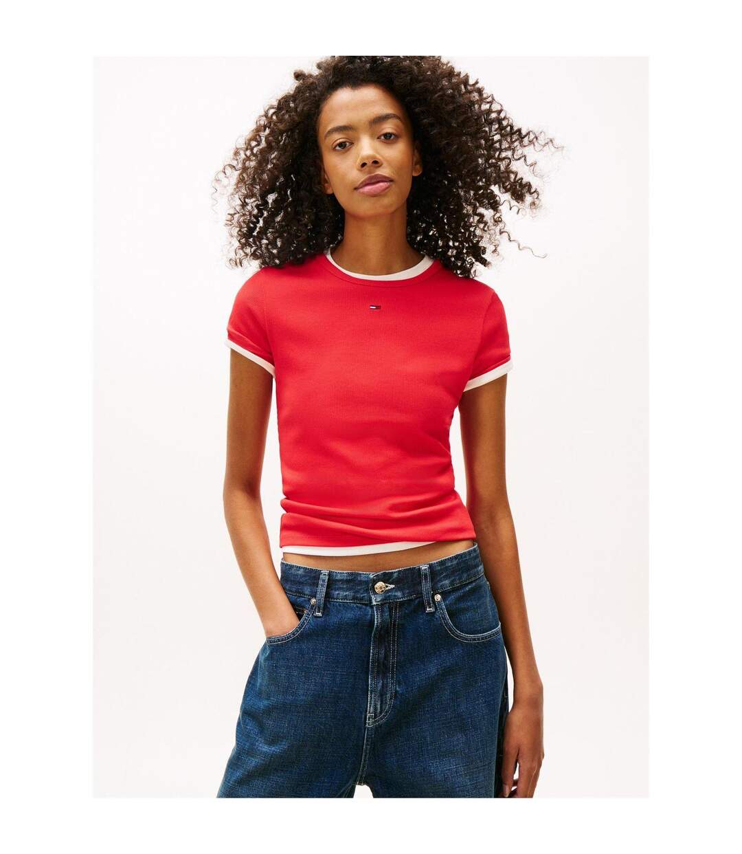 Womens/ladies Logo Ribbed Fitted T-shirt Red Alert Tommy Jeans-2