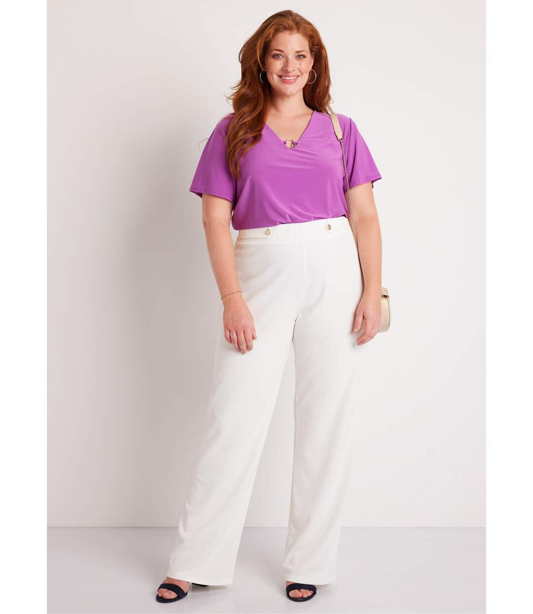 Pantalon large uni taille semi élastiquée-3