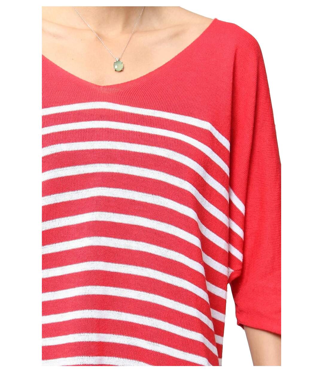 Pull femme rayé - Pull col en V - Manches 3/4 - Couleur rouge