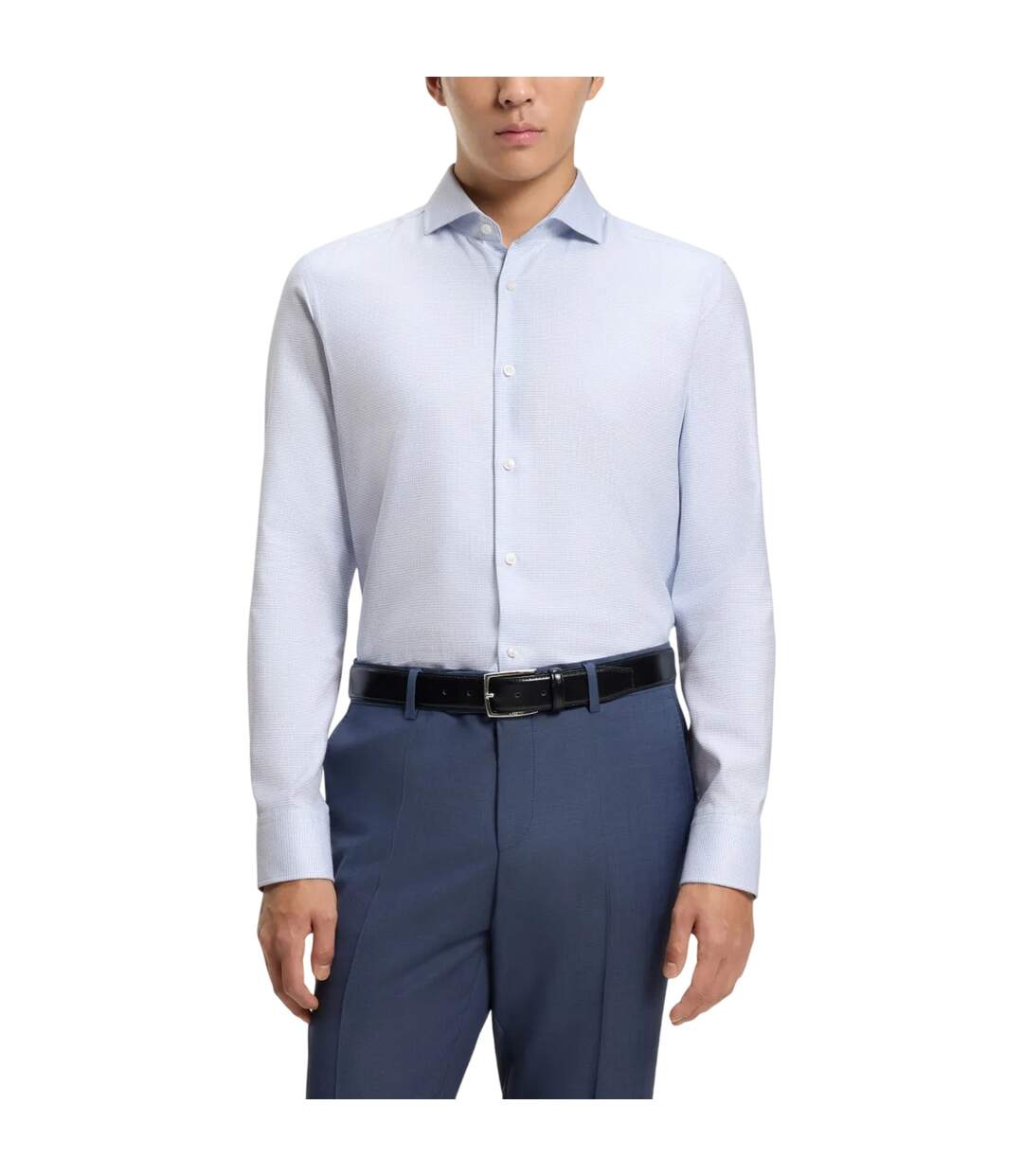 Mens Textured Check Spread Collar Shirt Light Blue Boss-1
