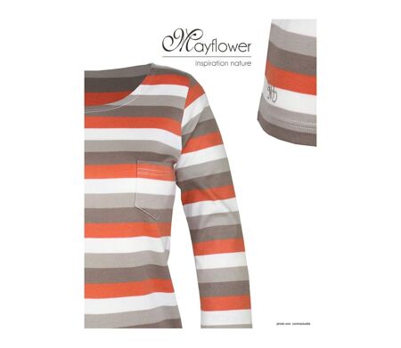 MAYFLOWER DIXIE1 - Tee-shirt manches 3/4 en coton rib : rayures crème, beige, taupe et orange