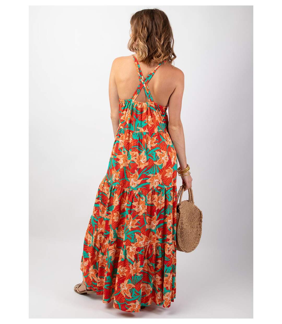 Robe bohème chic longue MONICA motif tropical orangé Coton Du Monde