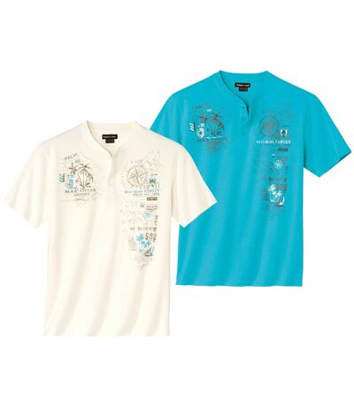Paquet de 2 t-shirts à col henley homme - blanc turquoise