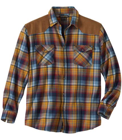 Men's Blue Checked Shirt With Faux-Suede Panels