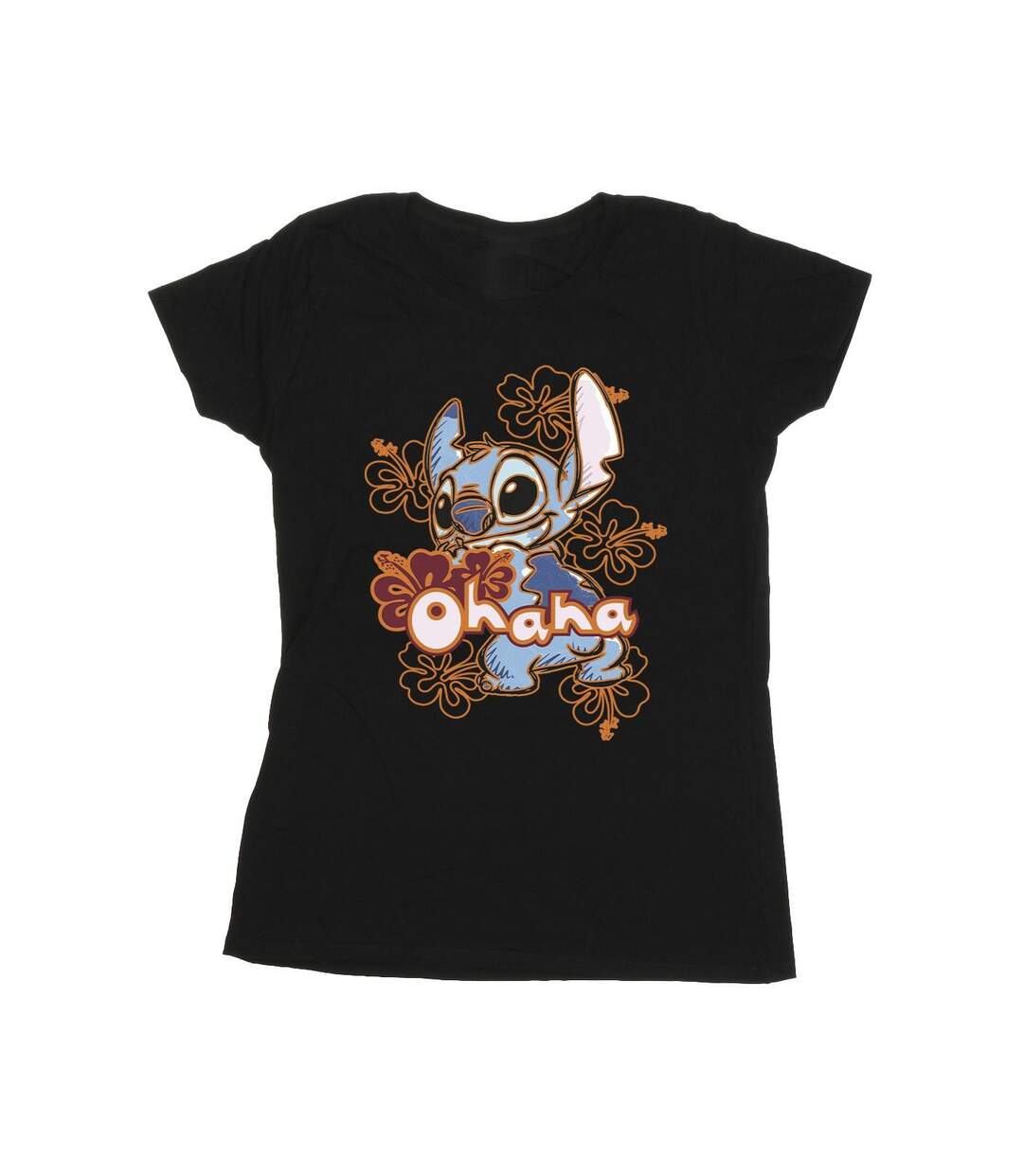 Disney Femmes/Les femmes Lilo And Stitch Ohana Orange Hibiscus Cotton T-Shirt (Noir) - UTBI25821-1