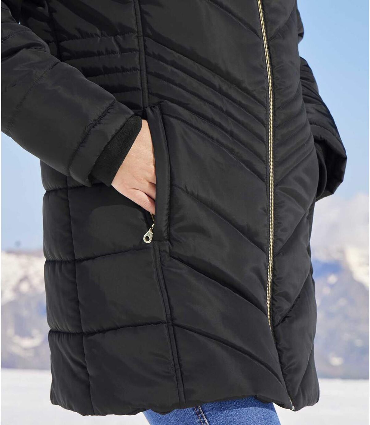 Women's Black Padded Jacket with Faux-Fur Hood - Water-Repellent   Atlas For Men