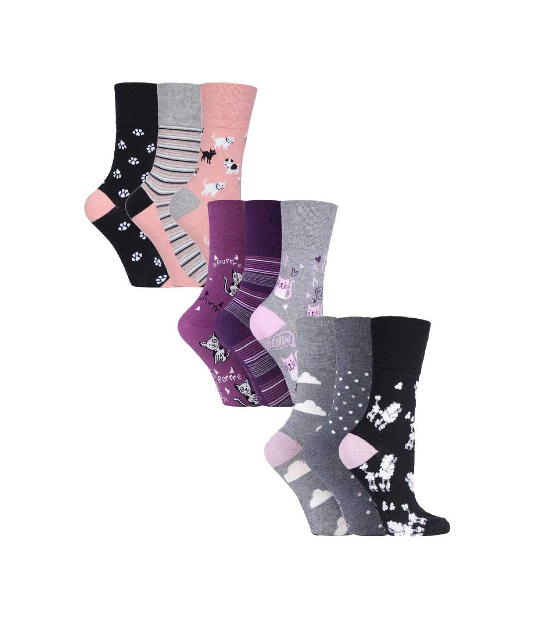 Ladies 9 Pack Non-Binding Cotton Crew Socks with Stripes Patterned-1