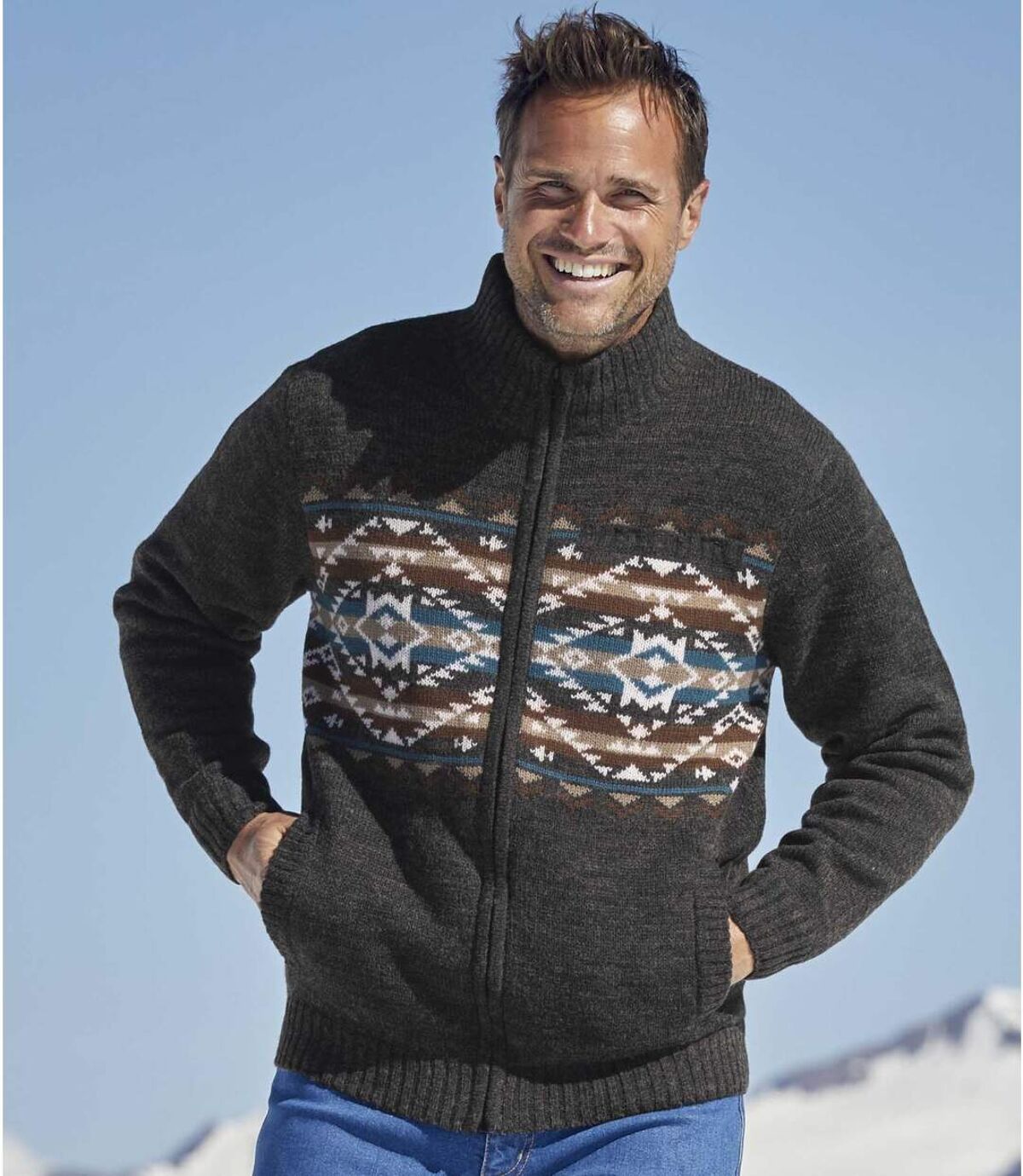 Men's Fleece-Lined Patterned Knitted Jacket - Full Zip - Grey | Atlas ...