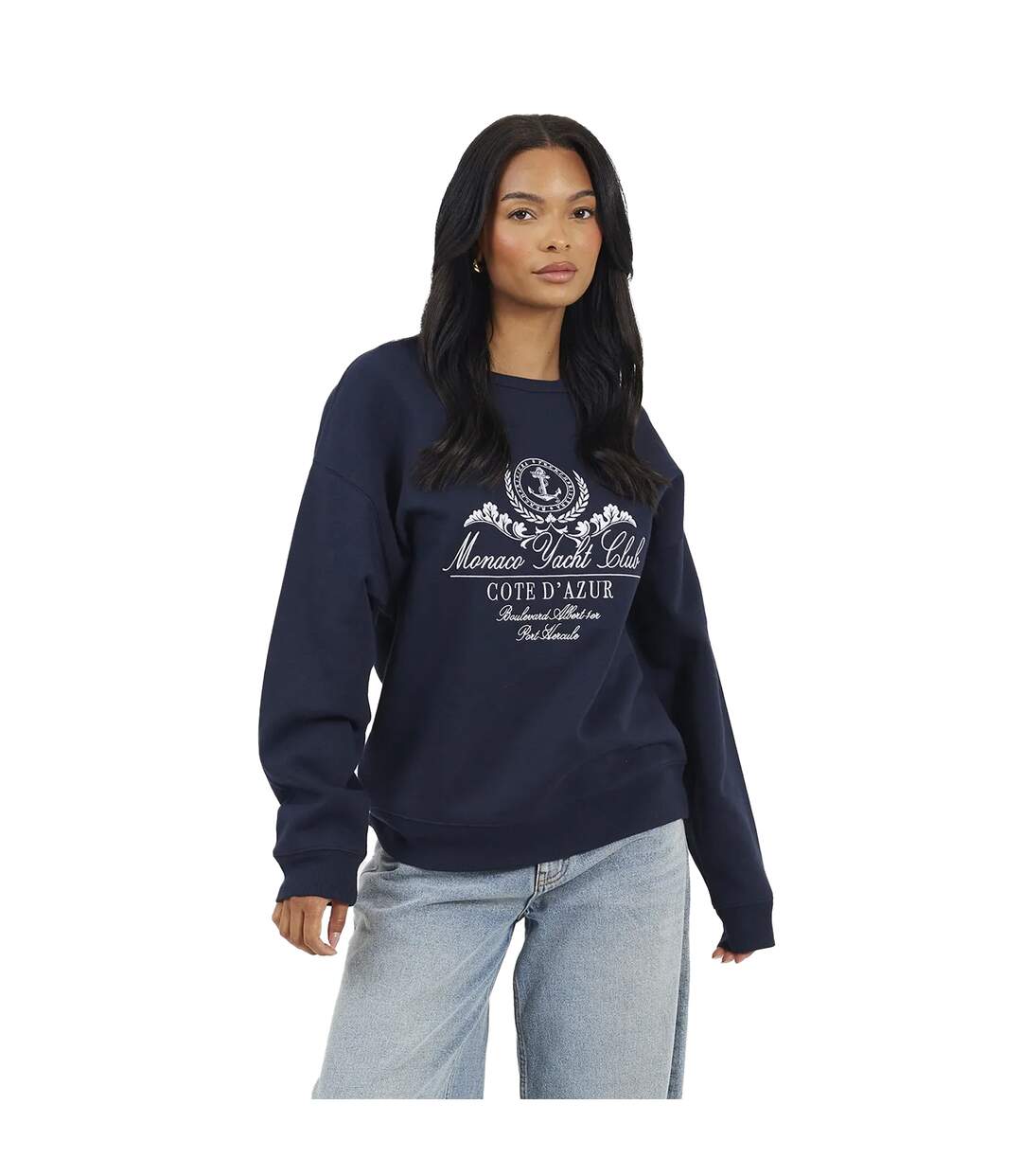 Sweat Motif/style Brodé Monaco Femme Bleu Marine Blanc Brave Soul-2