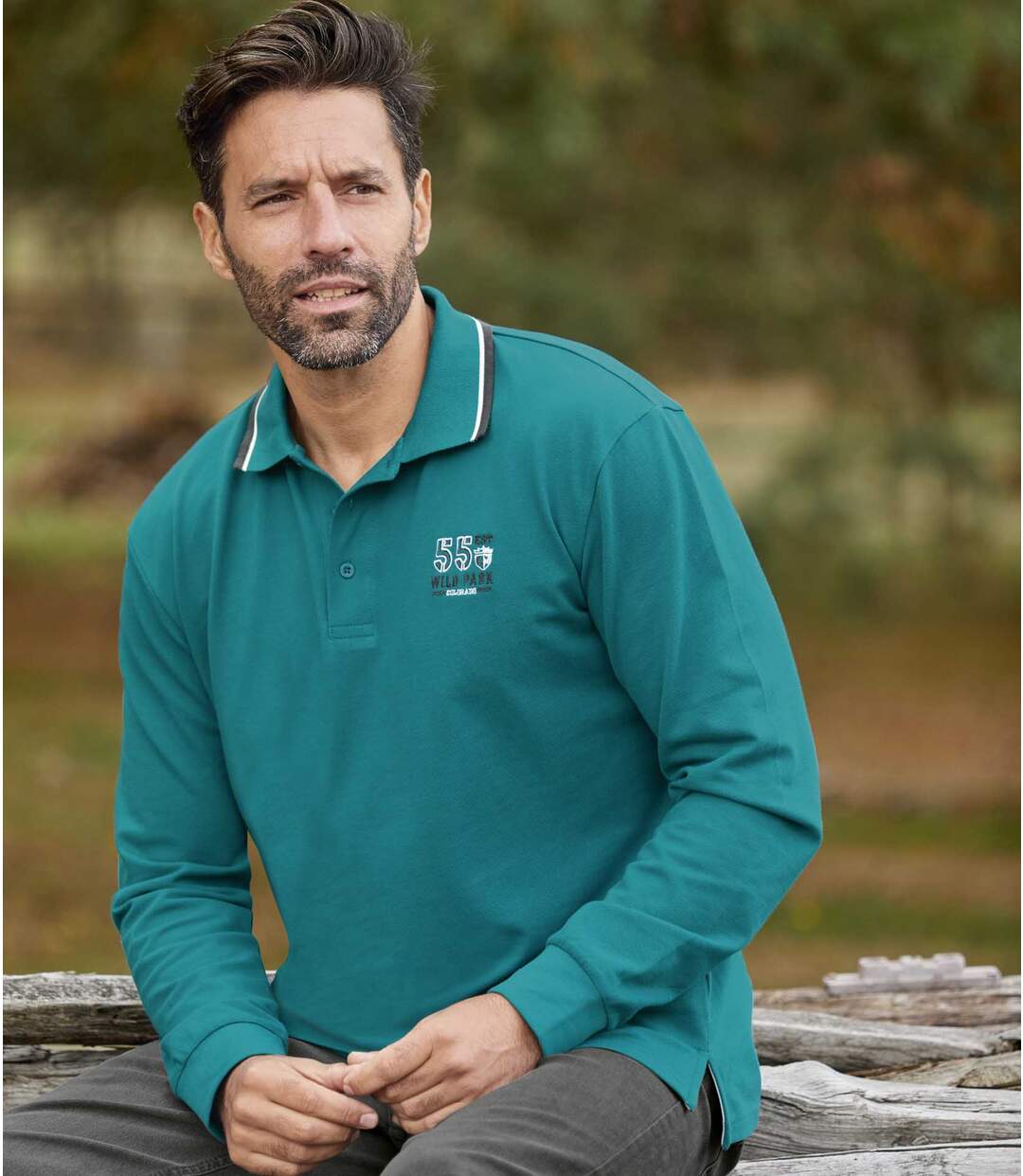 Pack of 2 Men's Long-Sleeved Piqué Polo Shirts - Green Gray Atlas For Men