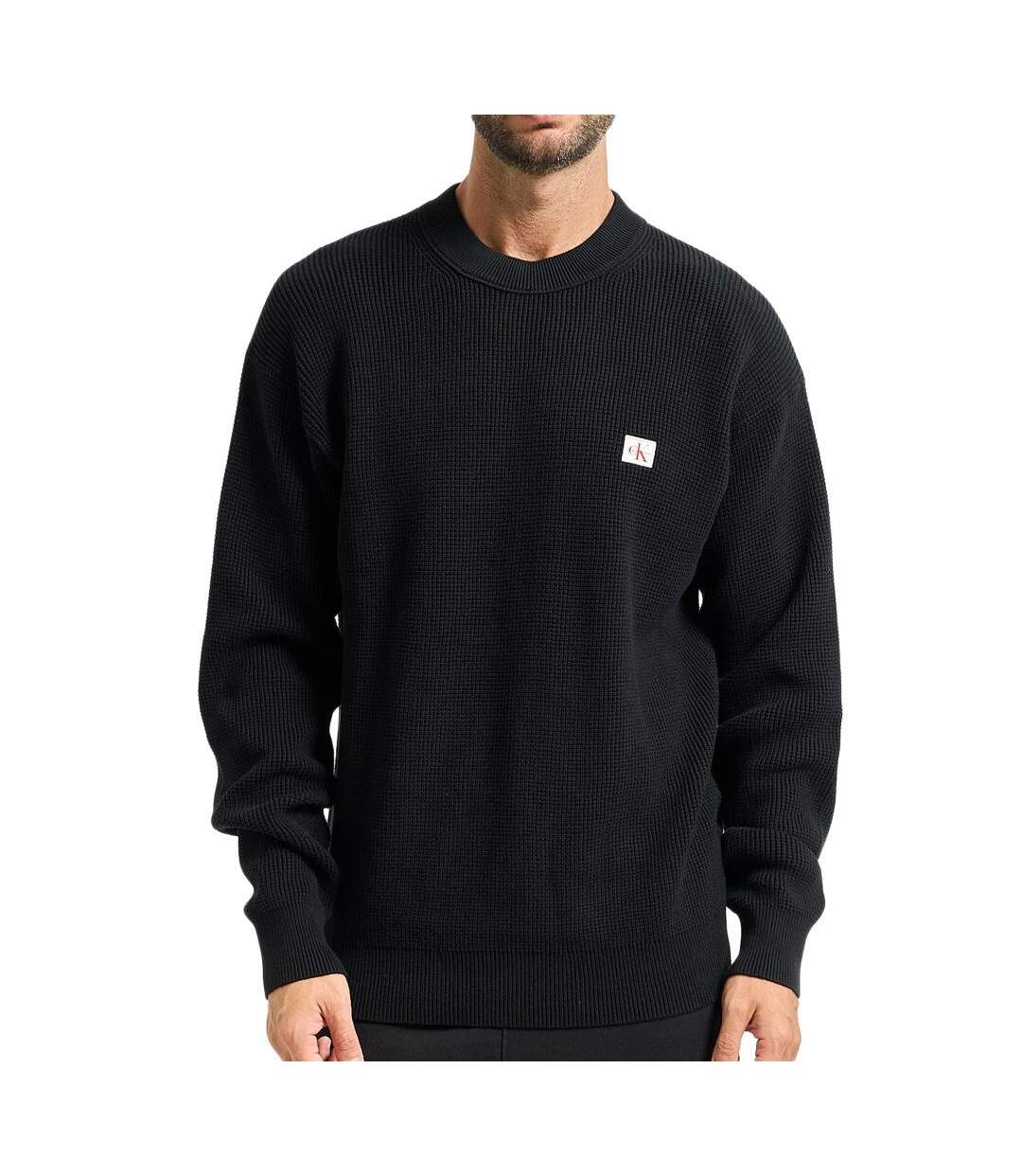 Pull noir homme calvin klein jeans waffle-1