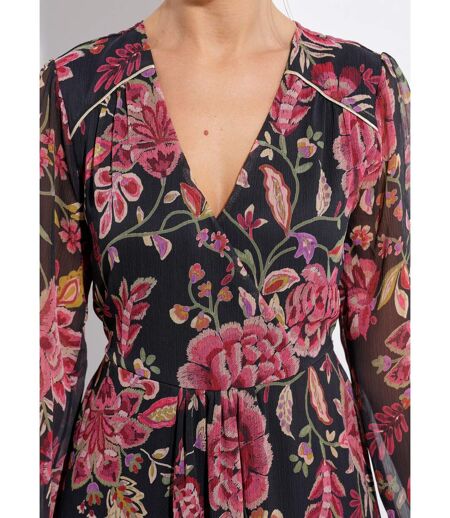 Robe longue cache-coeur volantée voile fleuri