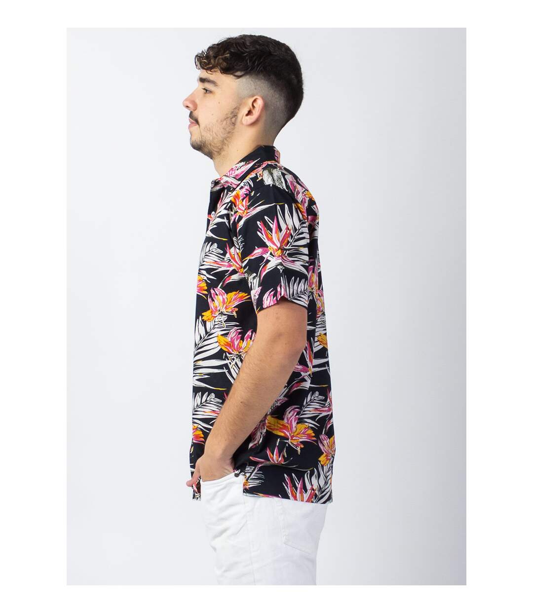 Chemise homme manches courtes LORENZO imprimé tropical noir Coton Du Monde