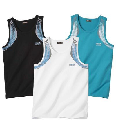 Pack of 3 Men's Sporty Vests - Black White Turquoise