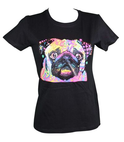 T-shirt femme manches courtes - Chien Pug coloré 6378 - noir