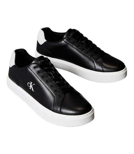 Mens Classic Logo Leather Flat Trainers Black White Calvin Klein
