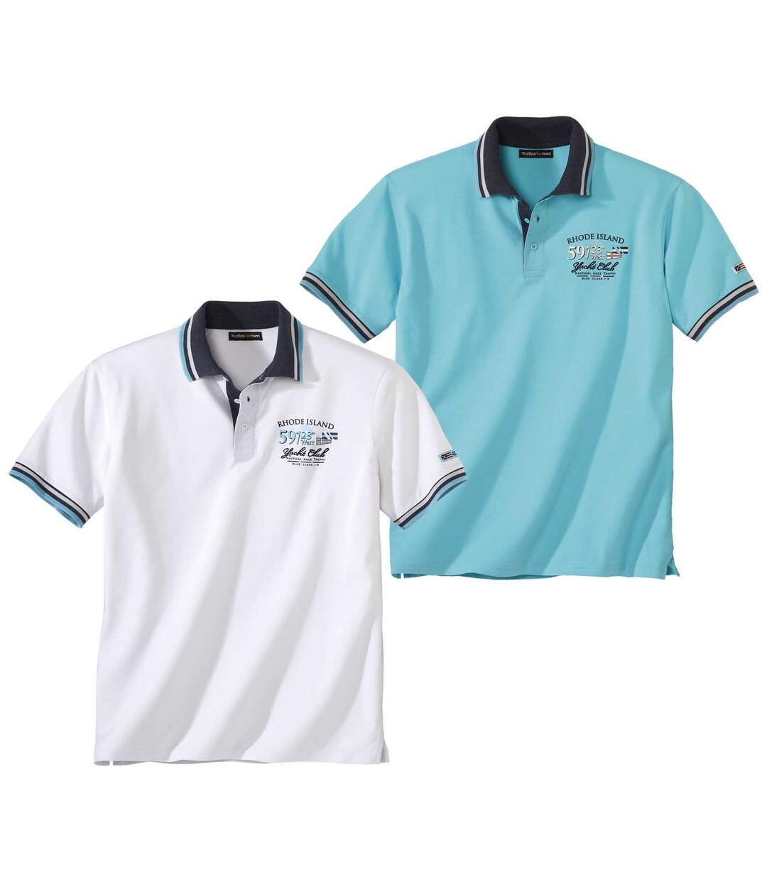 Pack of 2 Men's Nautical Short Sleeve Polo Shirts - Turquoise White Atlas For Men