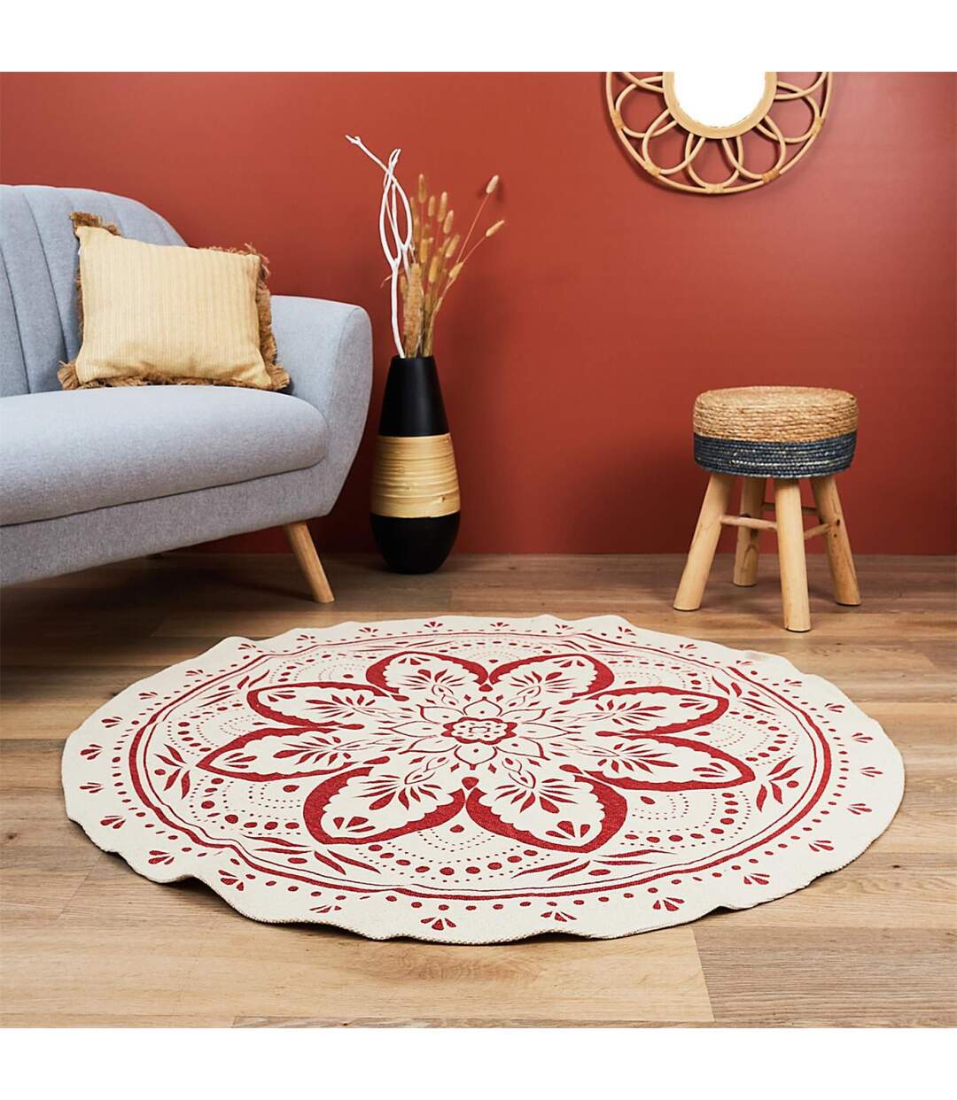 Tapis Rond Imprimé Mandala 120cm Terracotta-3