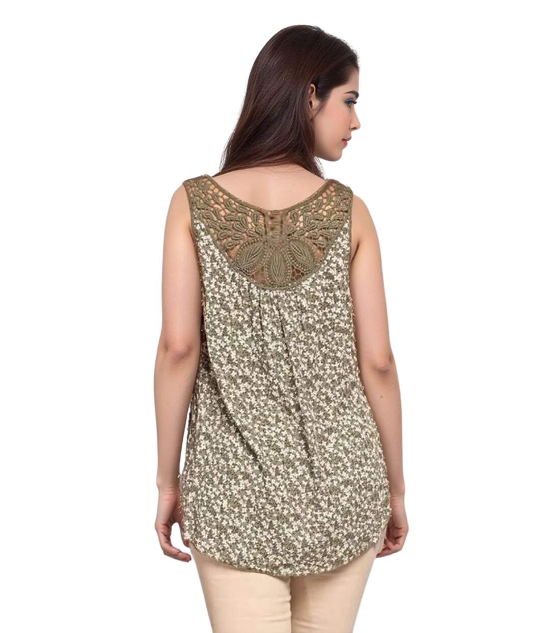 Débardeur Femme Turquoise à  Motif Fleurs avec Dentelle au Dos - Taille Unique-2