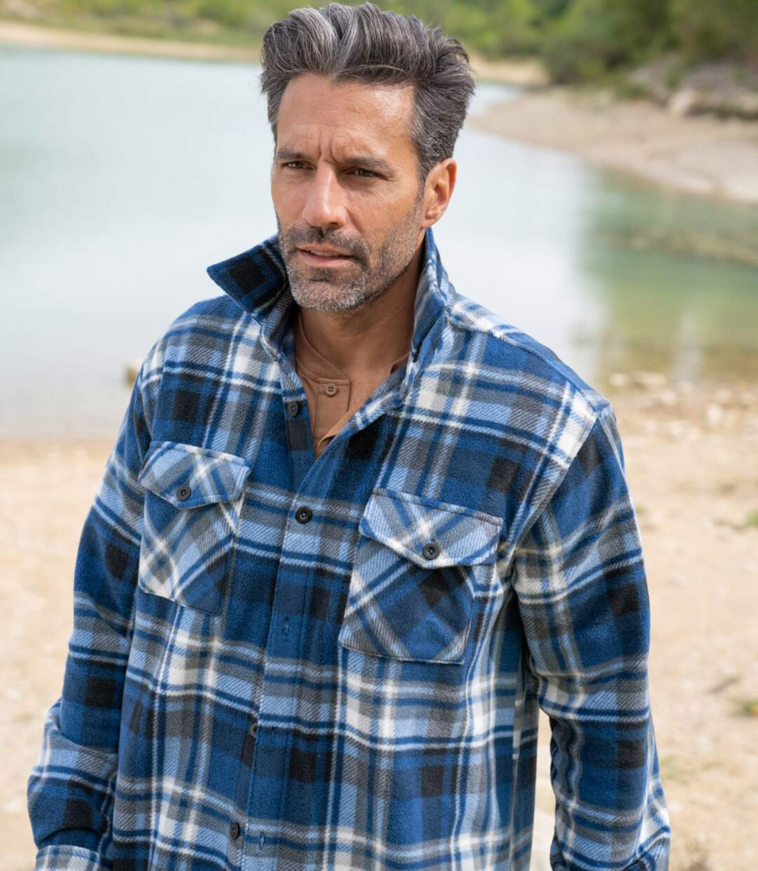 Men's Checked Fleece Overshirt - Blue Black Ecru 