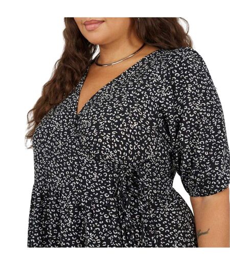 Robe Portefeuille Manches Bouffantes Motif/style Imprimé Léopard Femme Noir Blanc Brave Soul