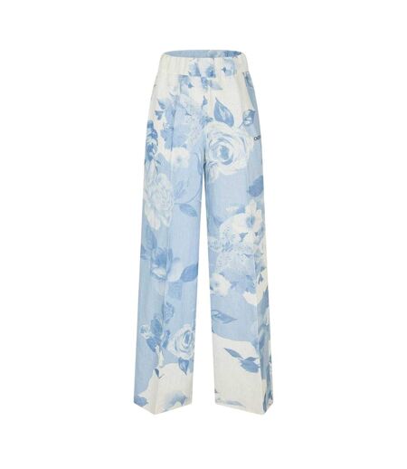 Womens/ladies Knitted Pull-on Wide Leg Trousers White Blue Off-White