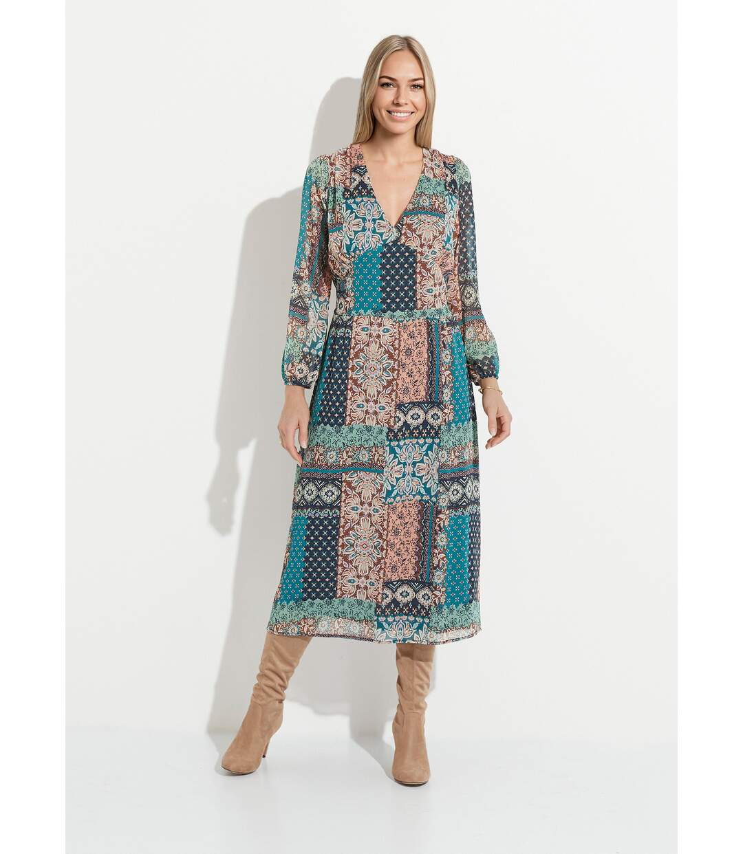 Robe longue voile crépon imprimé patchwork-1