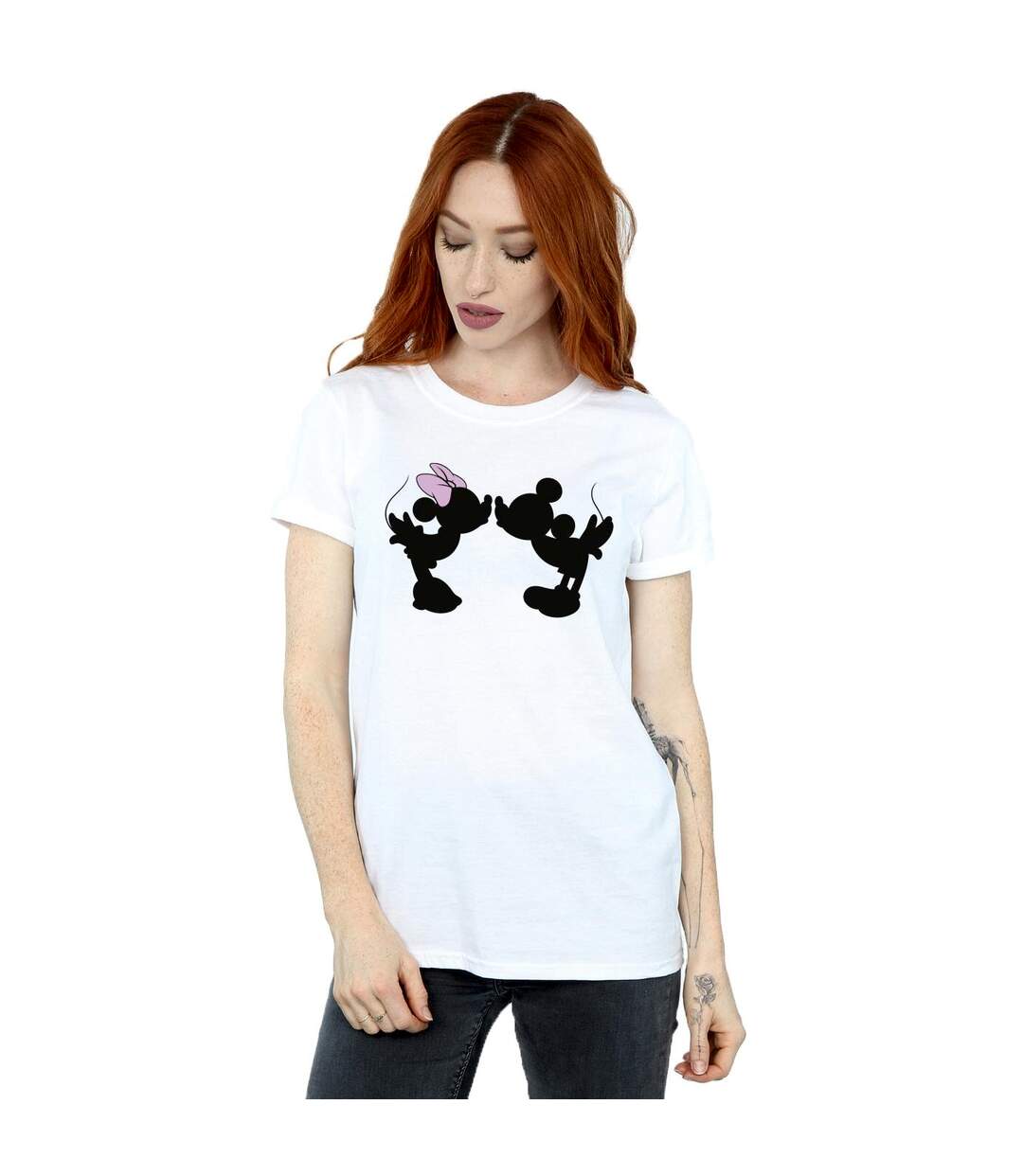 Disney Femmes/Les femmes Mickey Minnie Kiss Silhouette Coton Boyfriend T-Shirt (Blanc) - UTBI38197-2