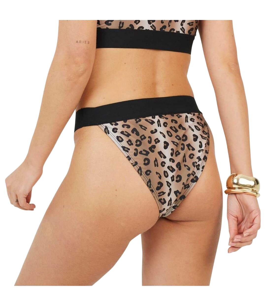 Womens/ladies Leopard Print High Leg Bikini Bottoms Black Brown Brave Soul-3