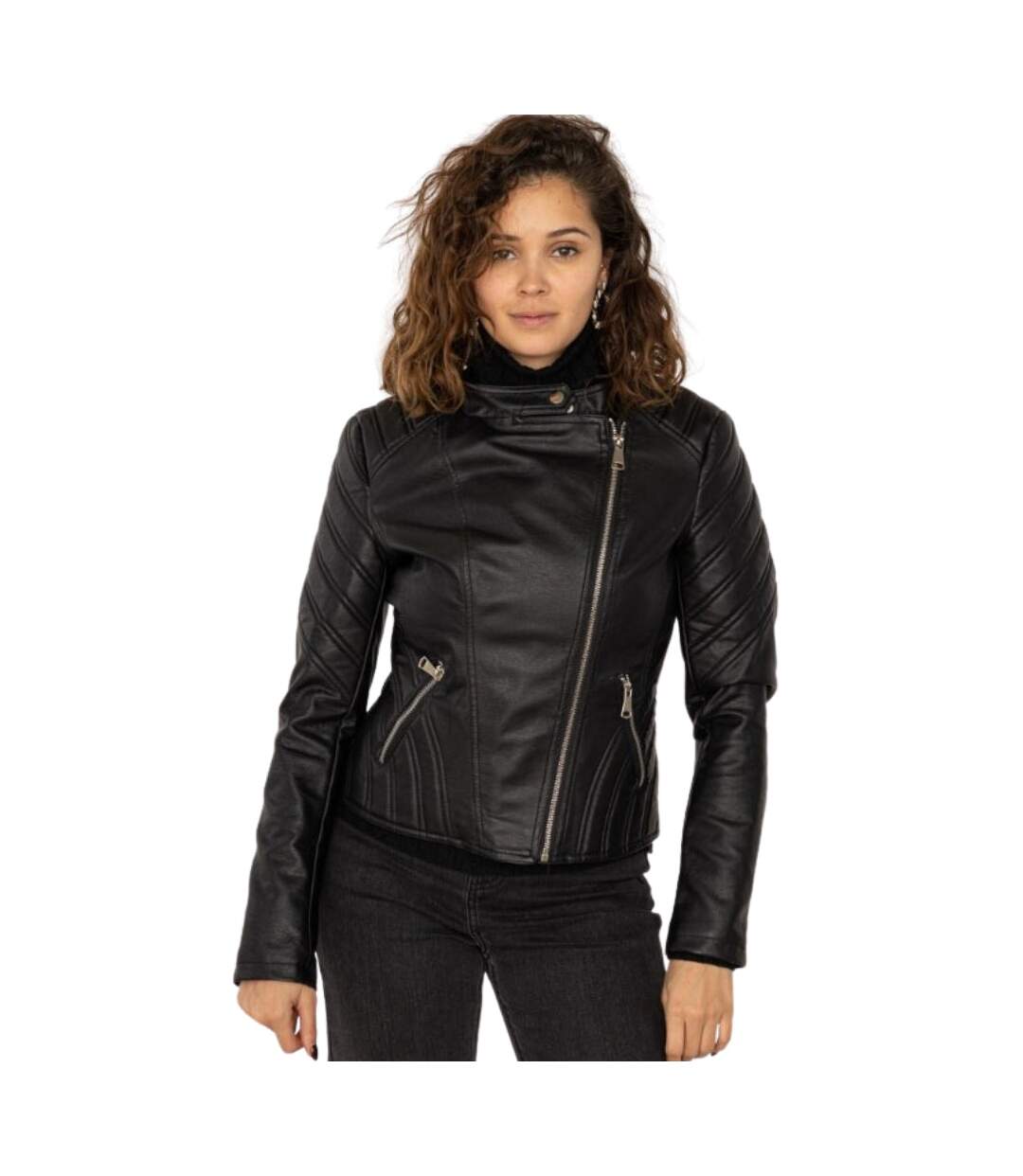 Blouson femme manches longues de couleur noir - PVC imitation cuir