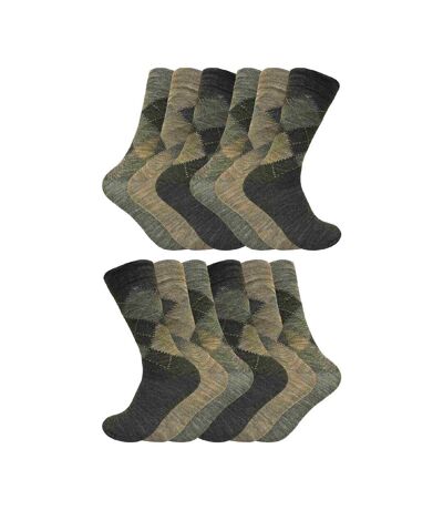 12 Pair Mens Soft Lambswool Honeycomb Top Argyle Patterned Socks