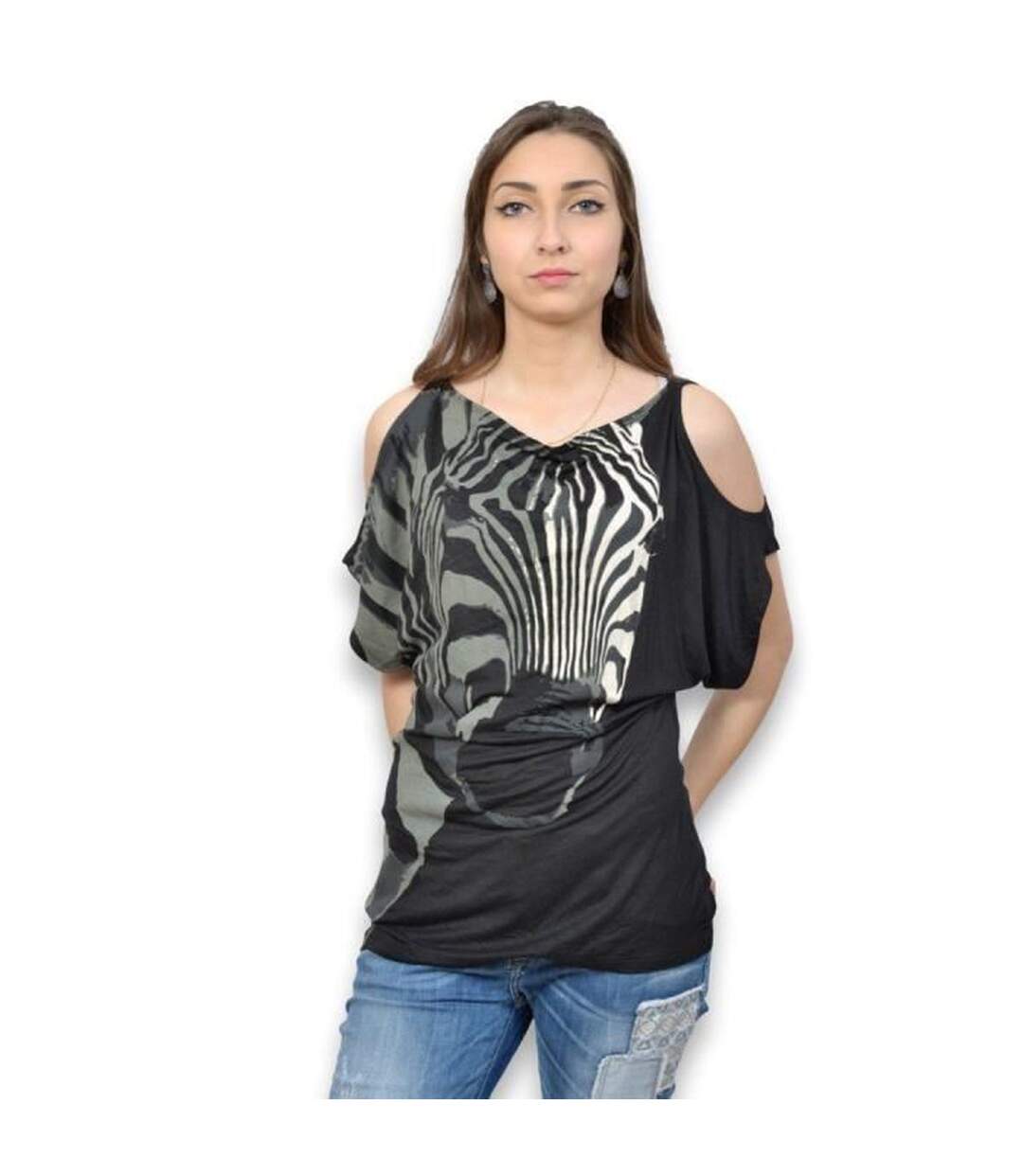 Tee shirt femme manches courtes motifs asymétriques couleur noire