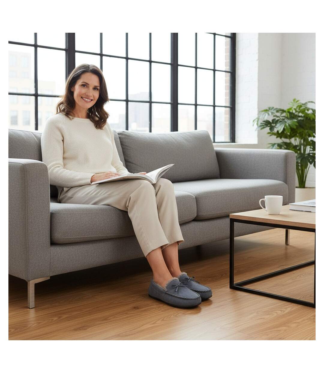OZABI Chaussons Femme Fermés, Suédine Unie, Nœud, Intérieur Fourré-5