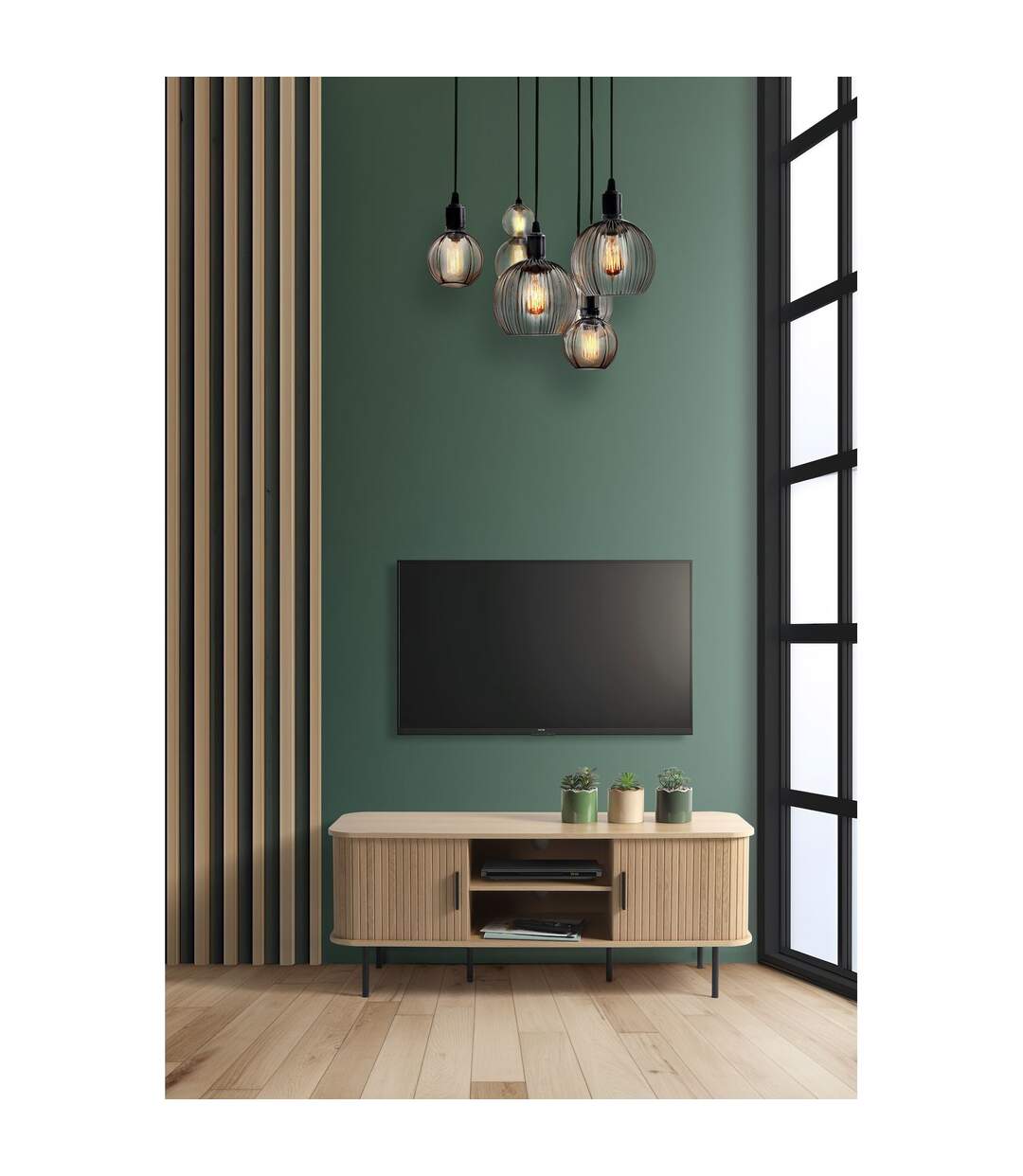 Meuble TV 2 portes coulissantes effet tasseau BONNIE - Beige-2