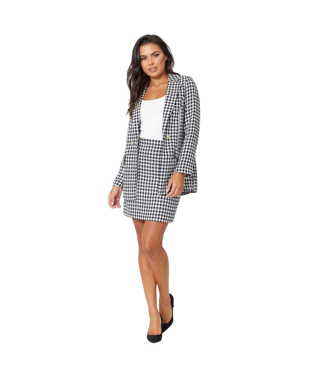 Womens/ladies Houndstooth Bouclé Mini Skirt Black White Be You-4