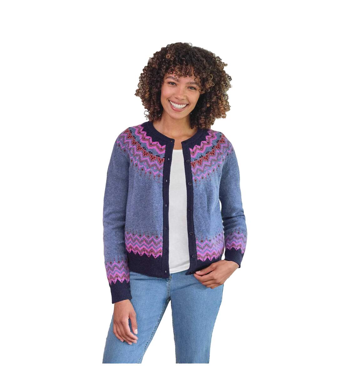 Womens/ladies Nordic Yoke Fair Isle Cardigan Denim Multicoloured WoolOvers-1
