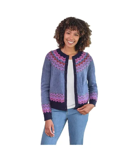 Womens/ladies Nordic Yoke Fair Isle Cardigan Denim Multicoloured WoolOvers