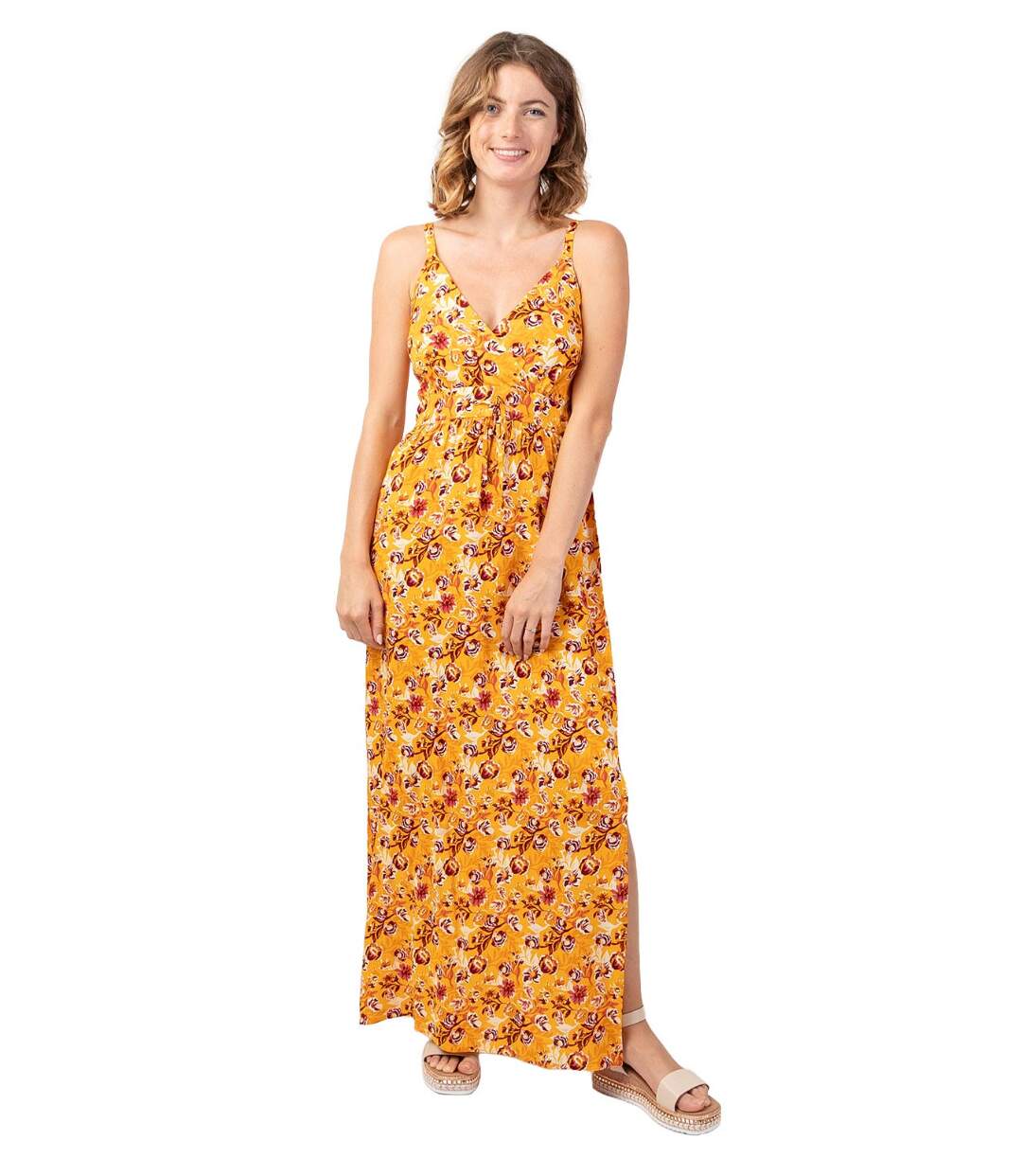 Robe longue femme été fluide GLORIA imprimé fleurs sur fond jaune Coton Du Monde-1