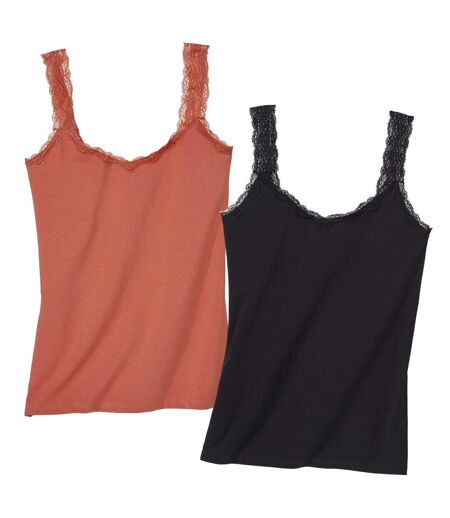 Pack of 2 Women's Stretch Lace Vest Tops - Black Coral