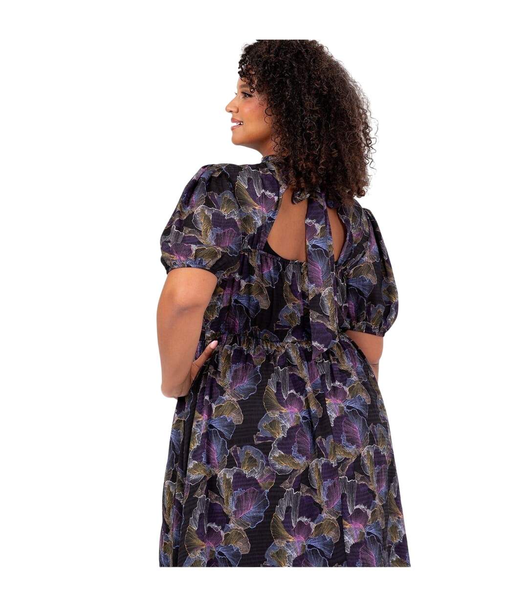 Womens/ladies Keyhole Regular Puff Sleeve Midi Dress Multicoloured Print Lovedrobe-3