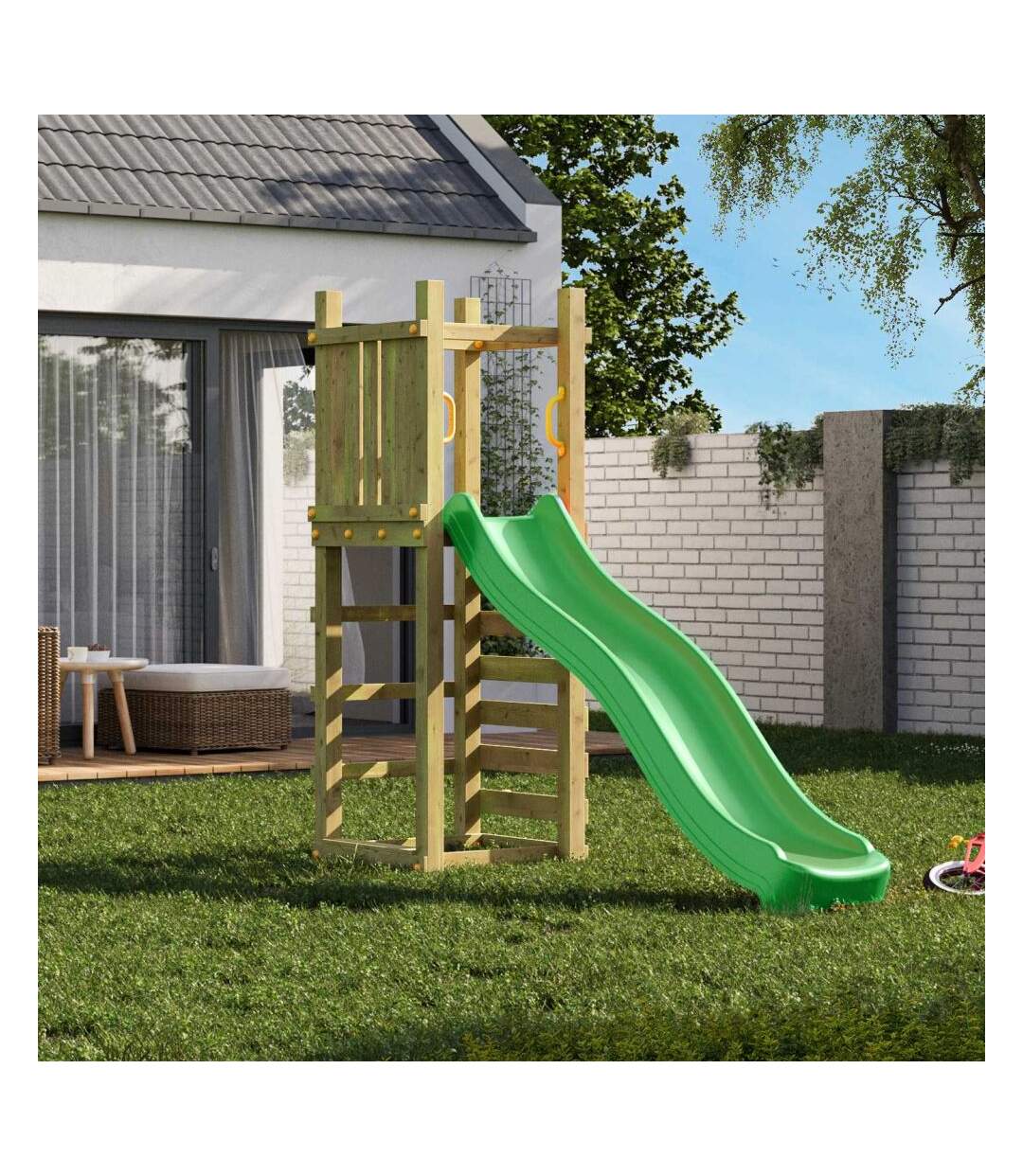 Plateforme de jeux en bois Funny Toboggan + mur d'escalade