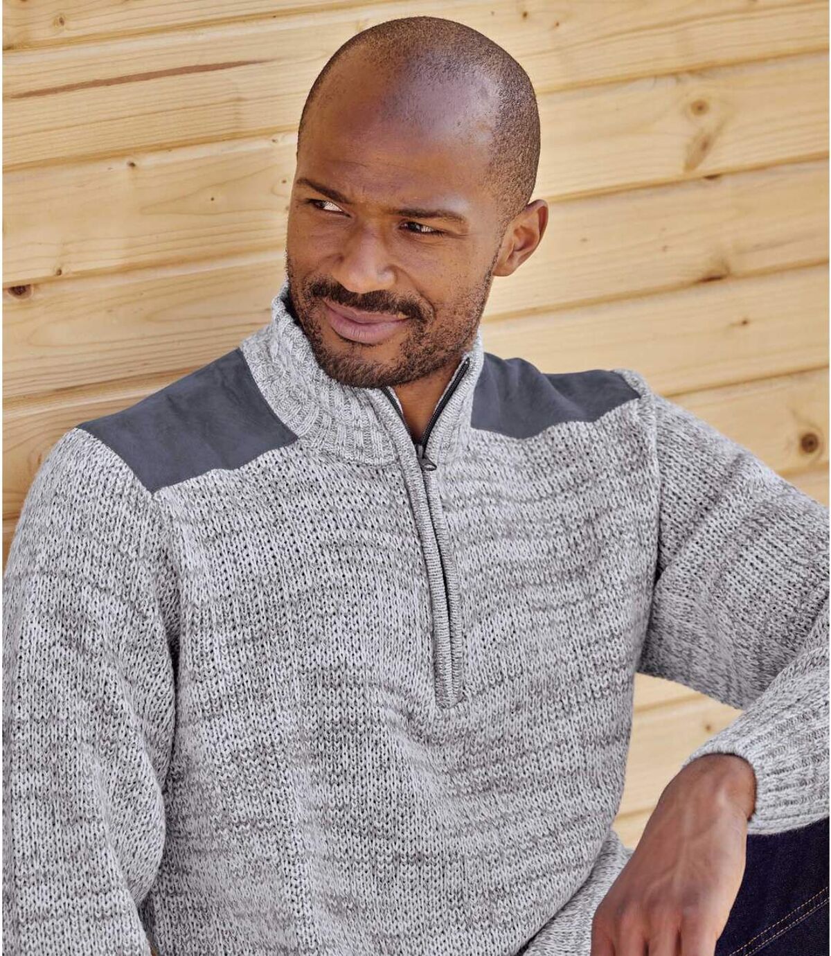 Men's Gray Knitted Funnel Neck Sweater Atlas For Men