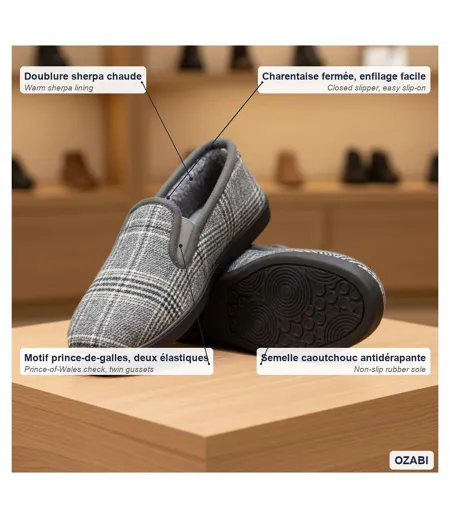 OZABI Pantoufles Charentaises Homme Fourrées Prince-de-Galles Antidérapantes