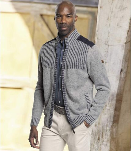 Men's Zip-Up Knitted Jacket - Mottled Blue and Gray